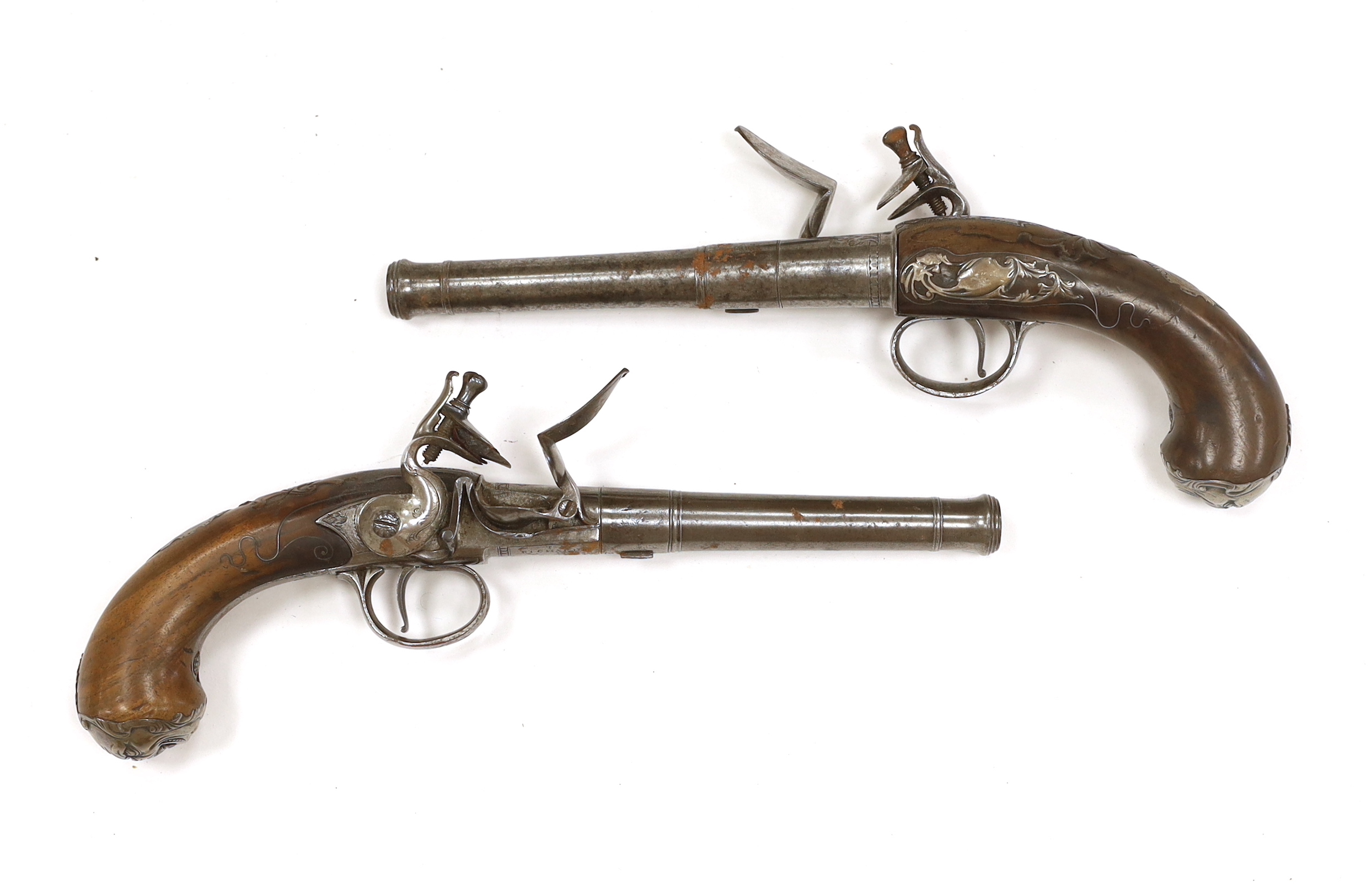 A pair of Queen Anne cannon barrel side hammer flintlock holster pistols by T. Richards, c.1770